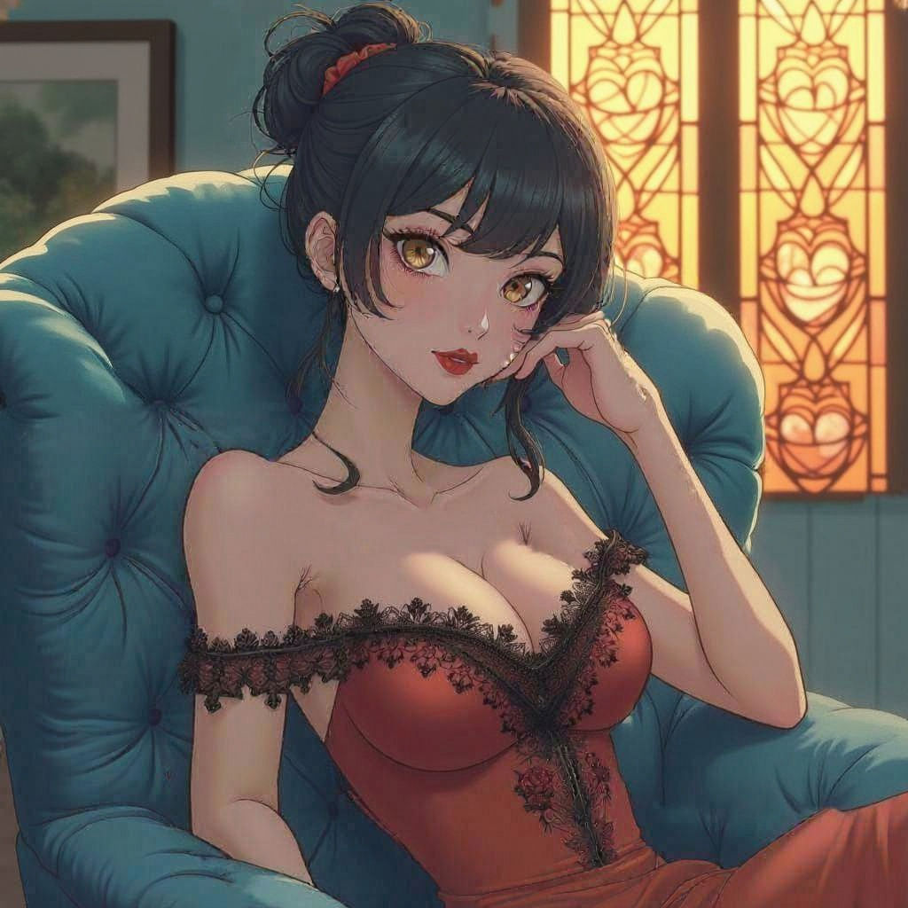 Anime Woman in Red Dress on Blue Loveseat