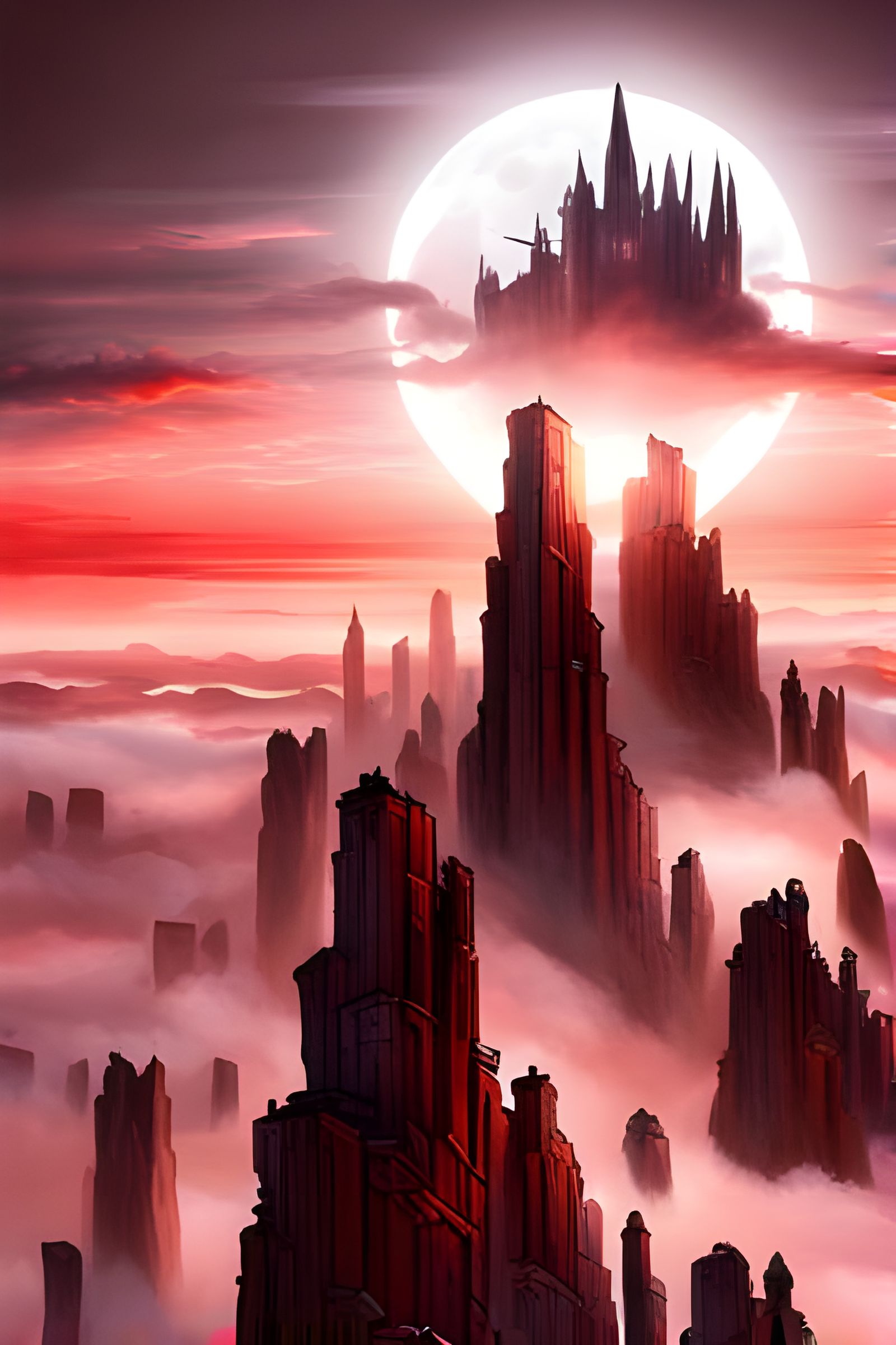 Red Cliffs Over Mystical City, Digital Illustration