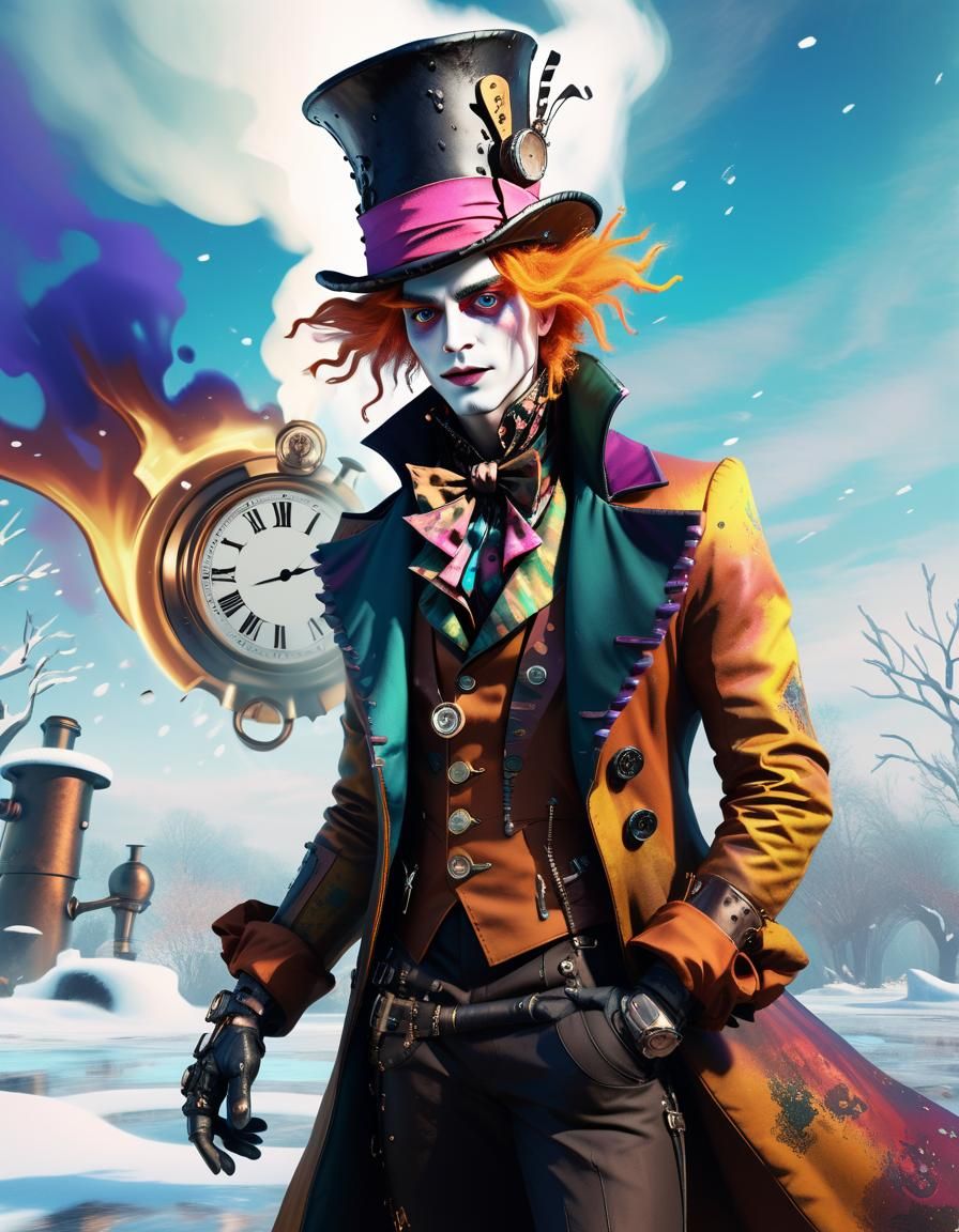 Steampunk Mad Hatter in Winter Wonderland, Hyperrealistic Ar...