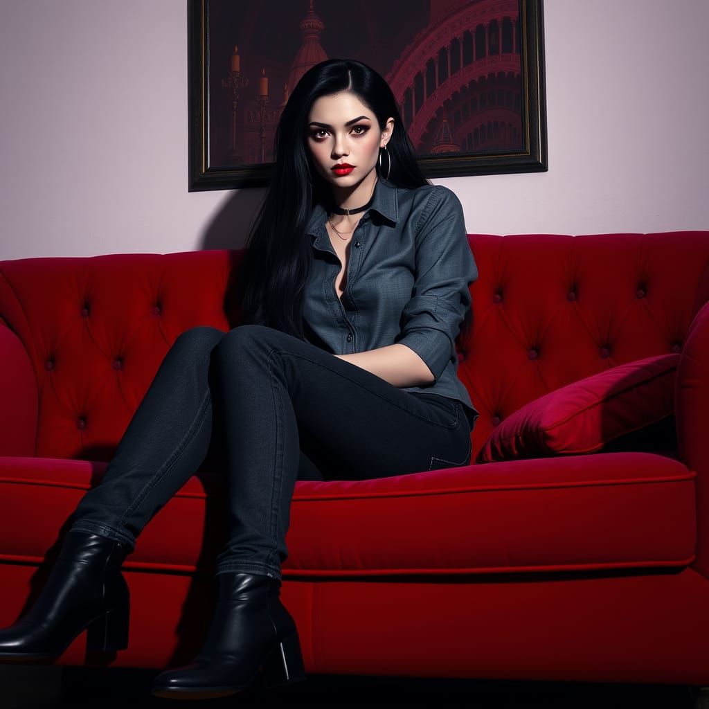 Marceline on Crimson Couch in Dark Fantasy Style