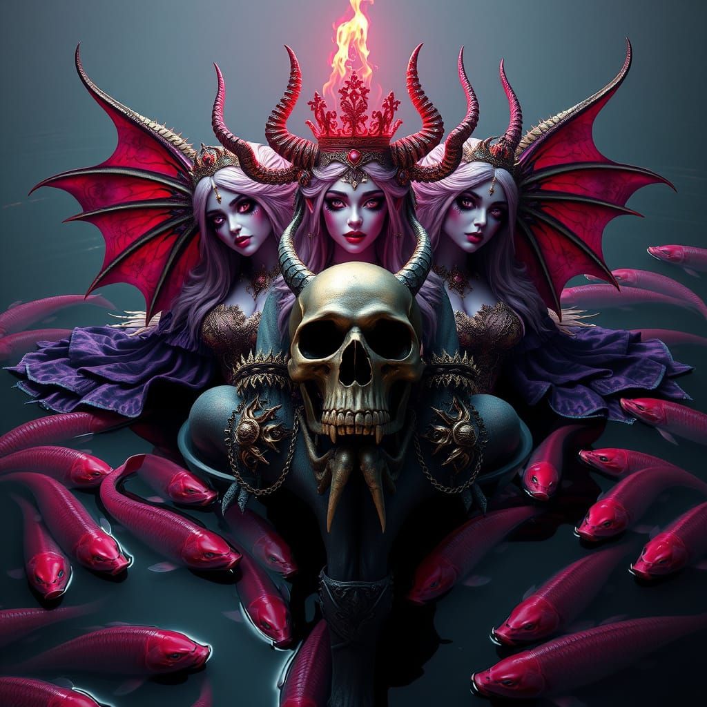 Three-Headed Lavender Woman with Skull in Dark Fantasy Style