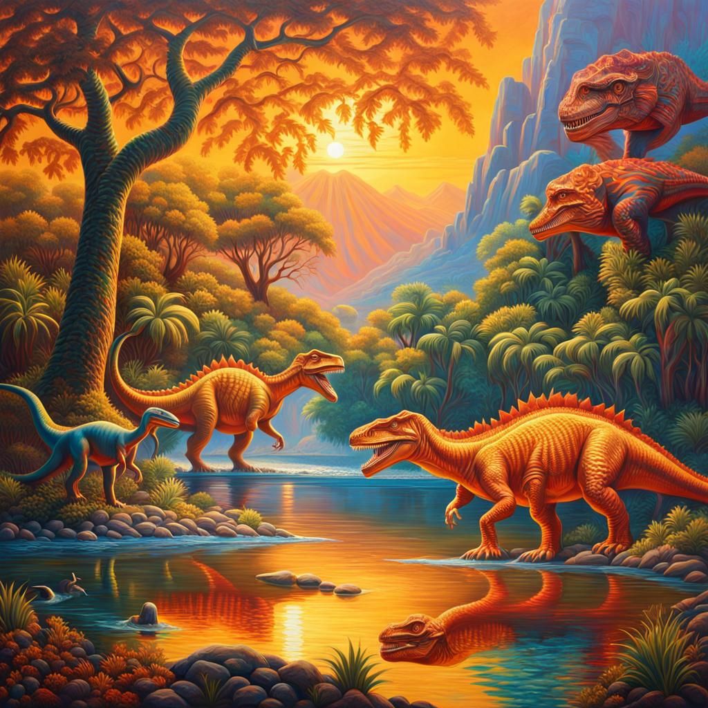 Dinosaurs and Humans Coexist in Surreal Oil Painting