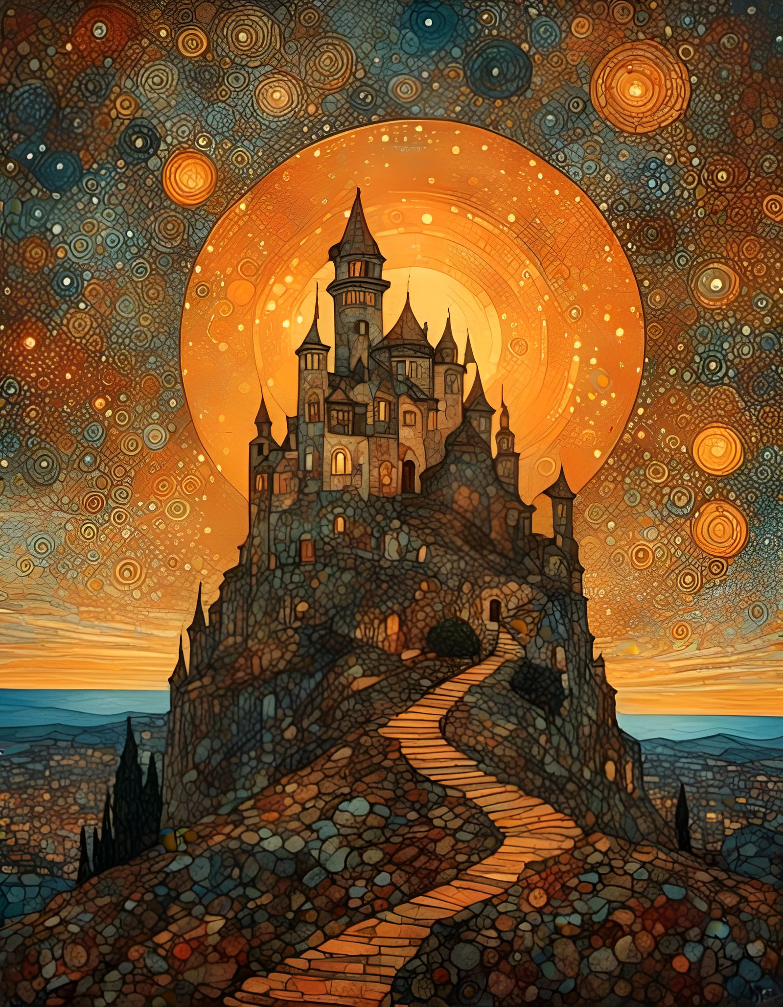 Gilded Castle Sunset Under Sparkling Celestial Sky