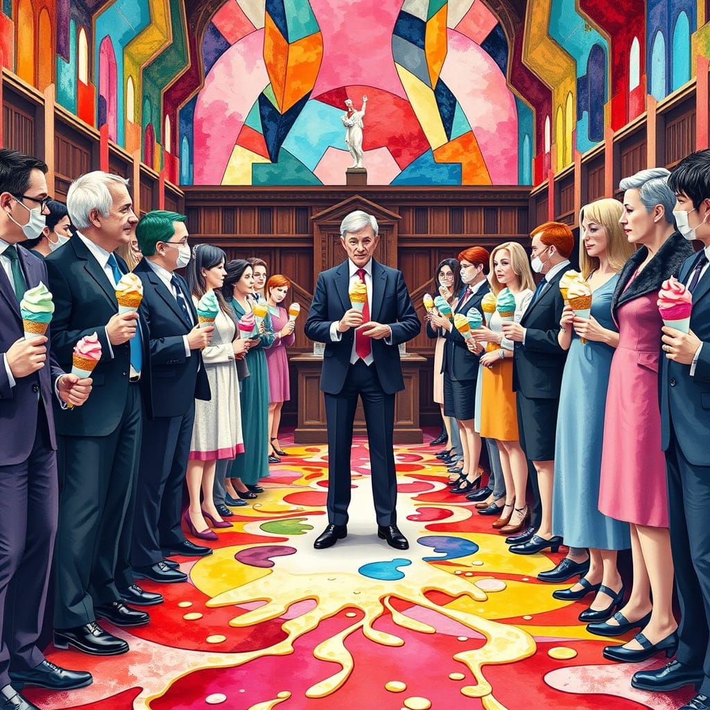 Parliament Ice Cream Chaos in Neo-Cubism Style