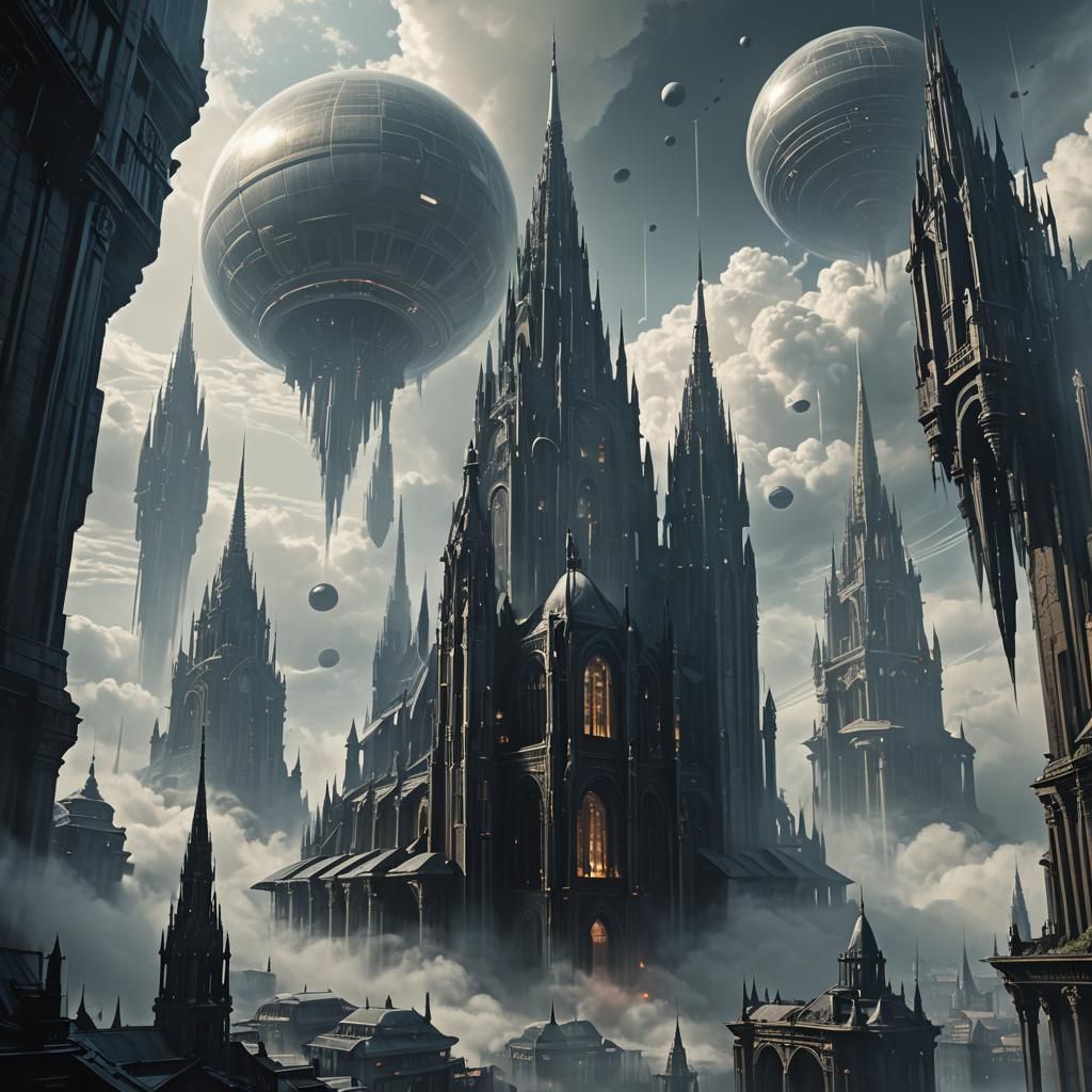 Inverted Cathedral Floats in Gothic Futuristic Cityscape