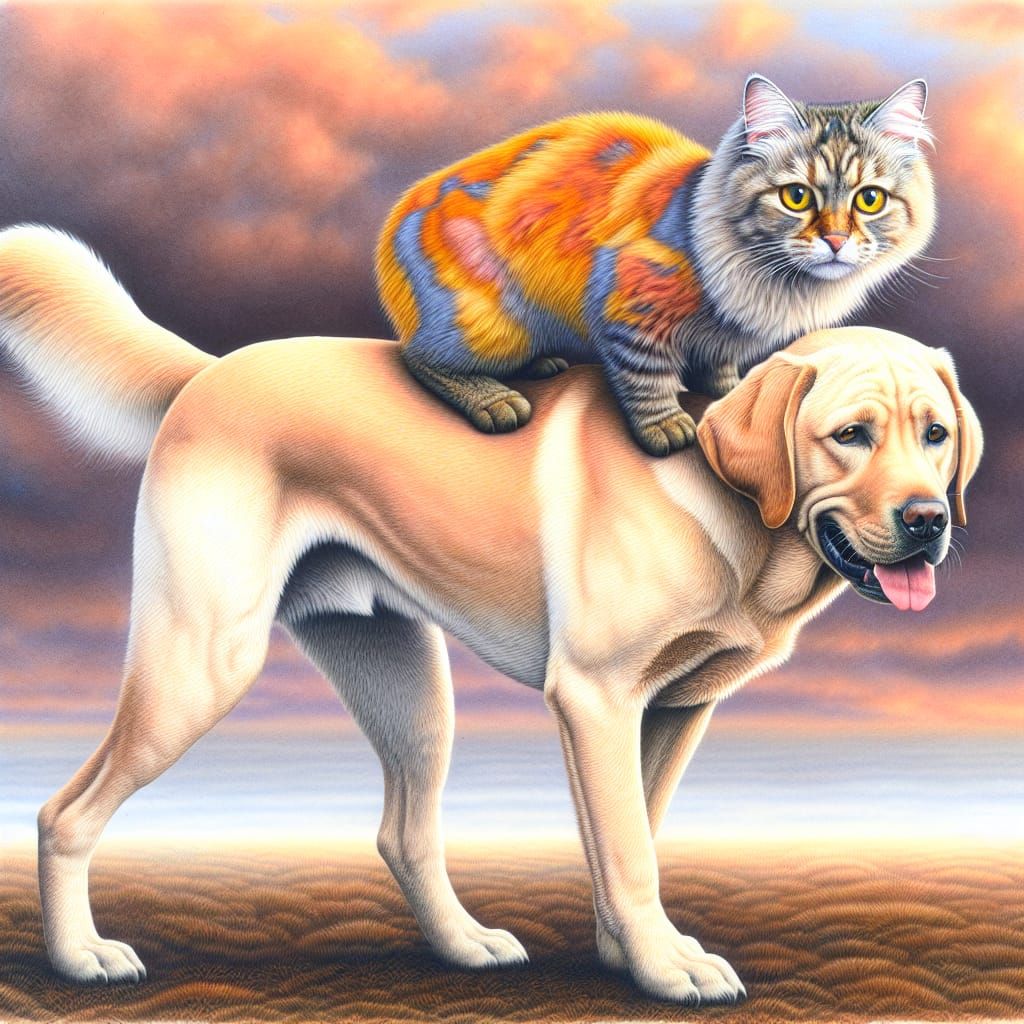 Anthropomorphic Cat Rides Dog in Watercolor Painting