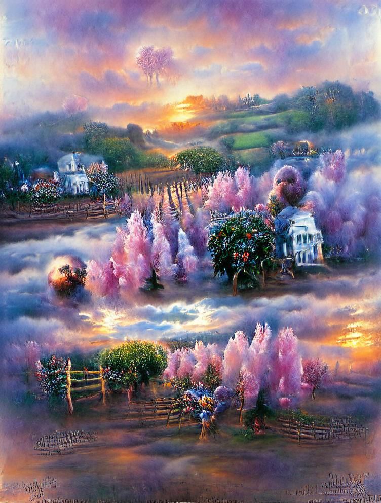 Ethereal Sunset Landscape with Pink Trees