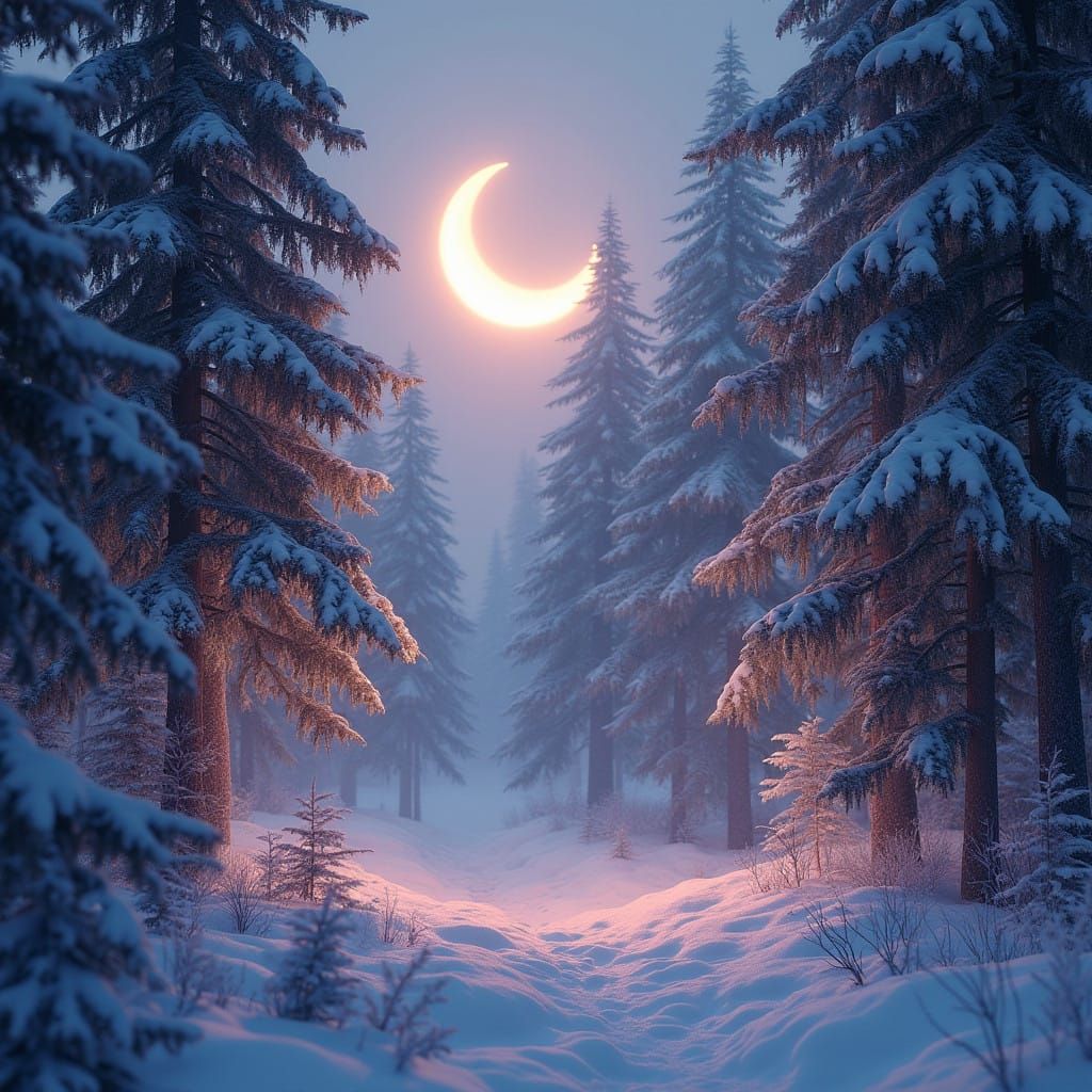 Mystical Winter Wonderland with Towering Pines and Crescent...