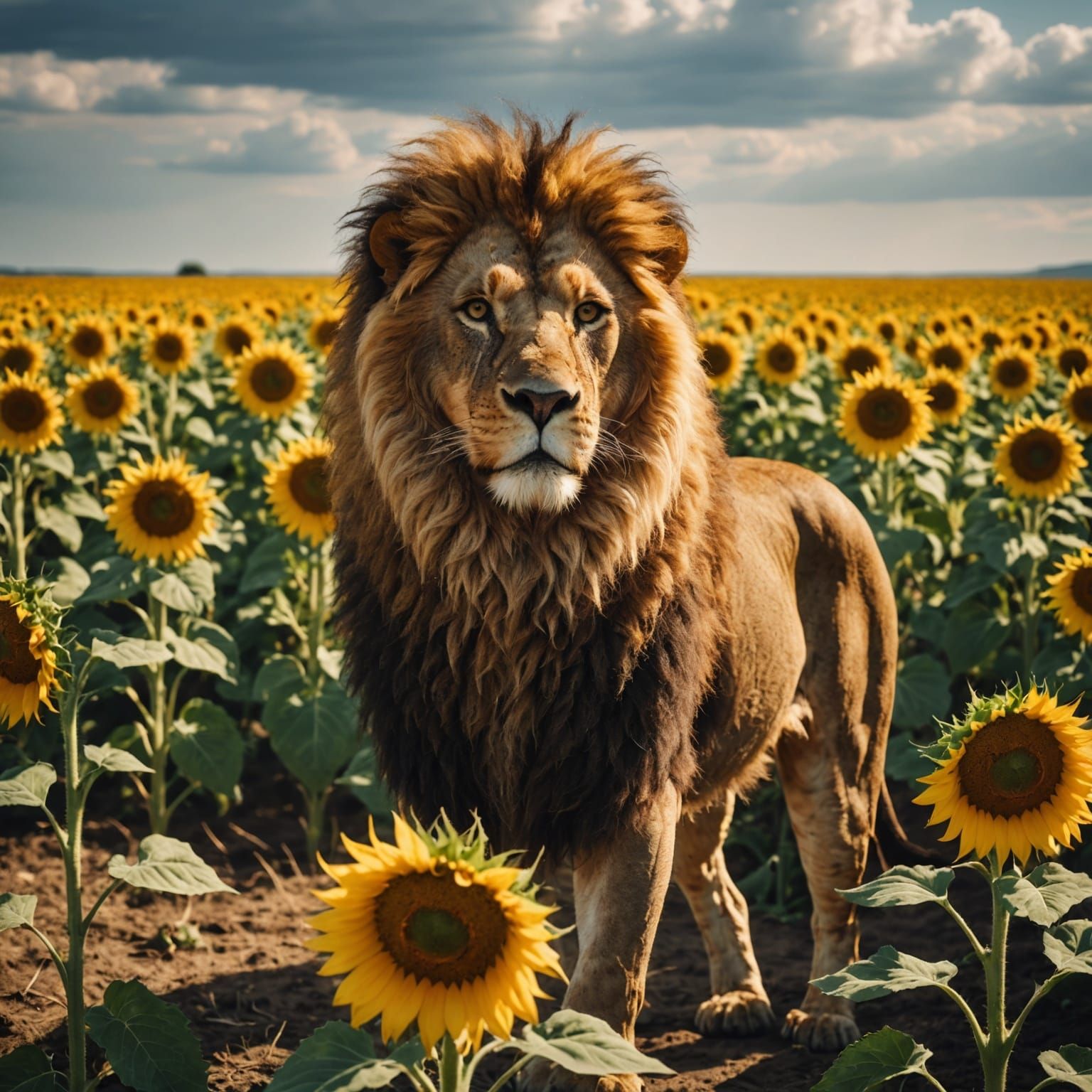 Barbary Lion in Sunflower Field: Cinematic Film Still