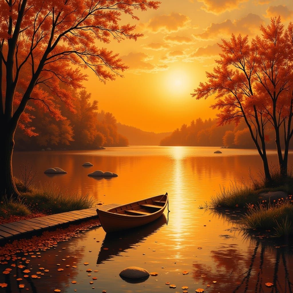 Golden Hour Sunset Over Glistening Lake in Autumn