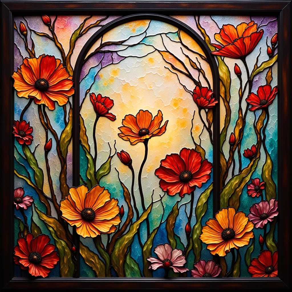 Vibrant Stained Glass Garden in Tie-Dye Hues