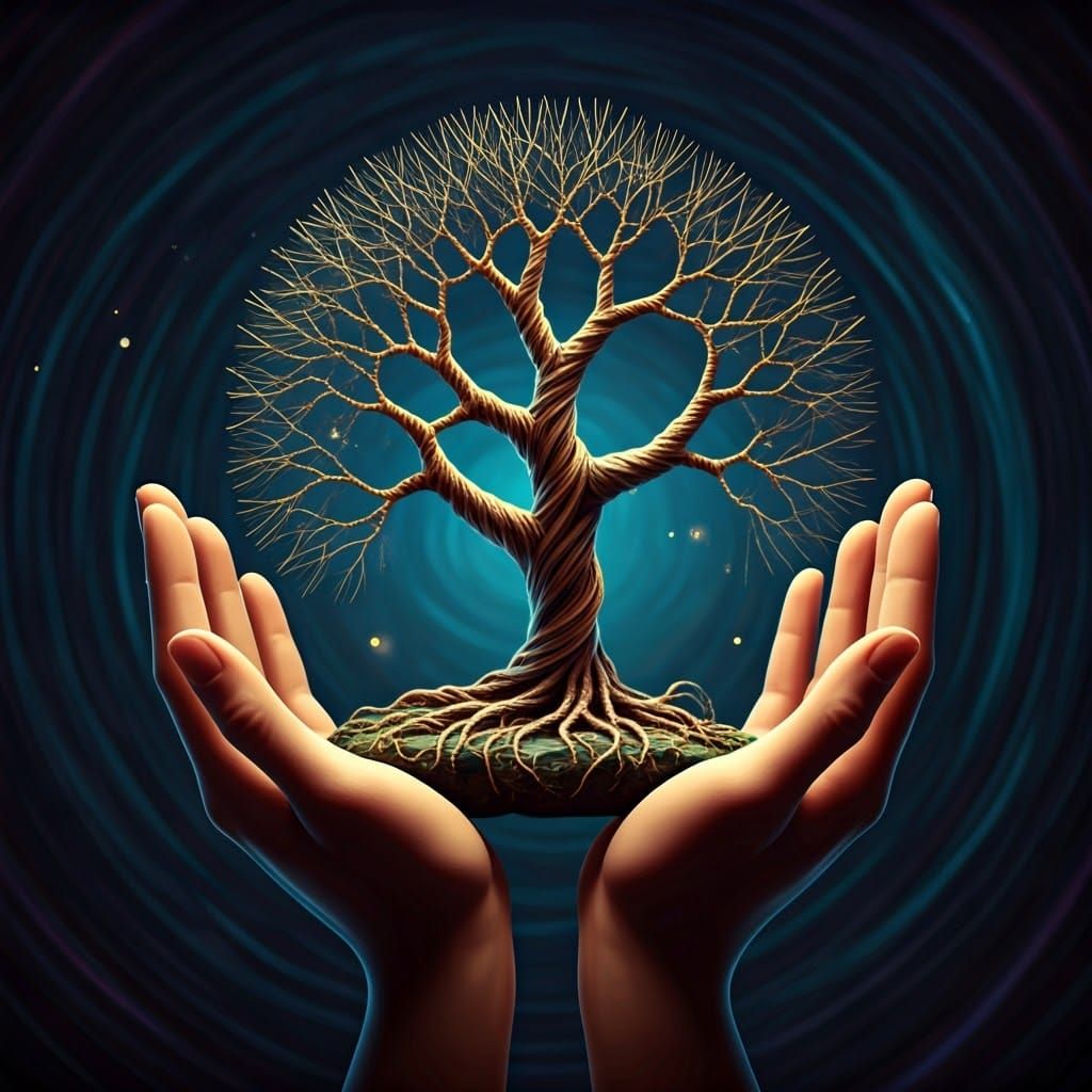 String-Woven Tree in Gentle Hands: Fantasy Concept Art