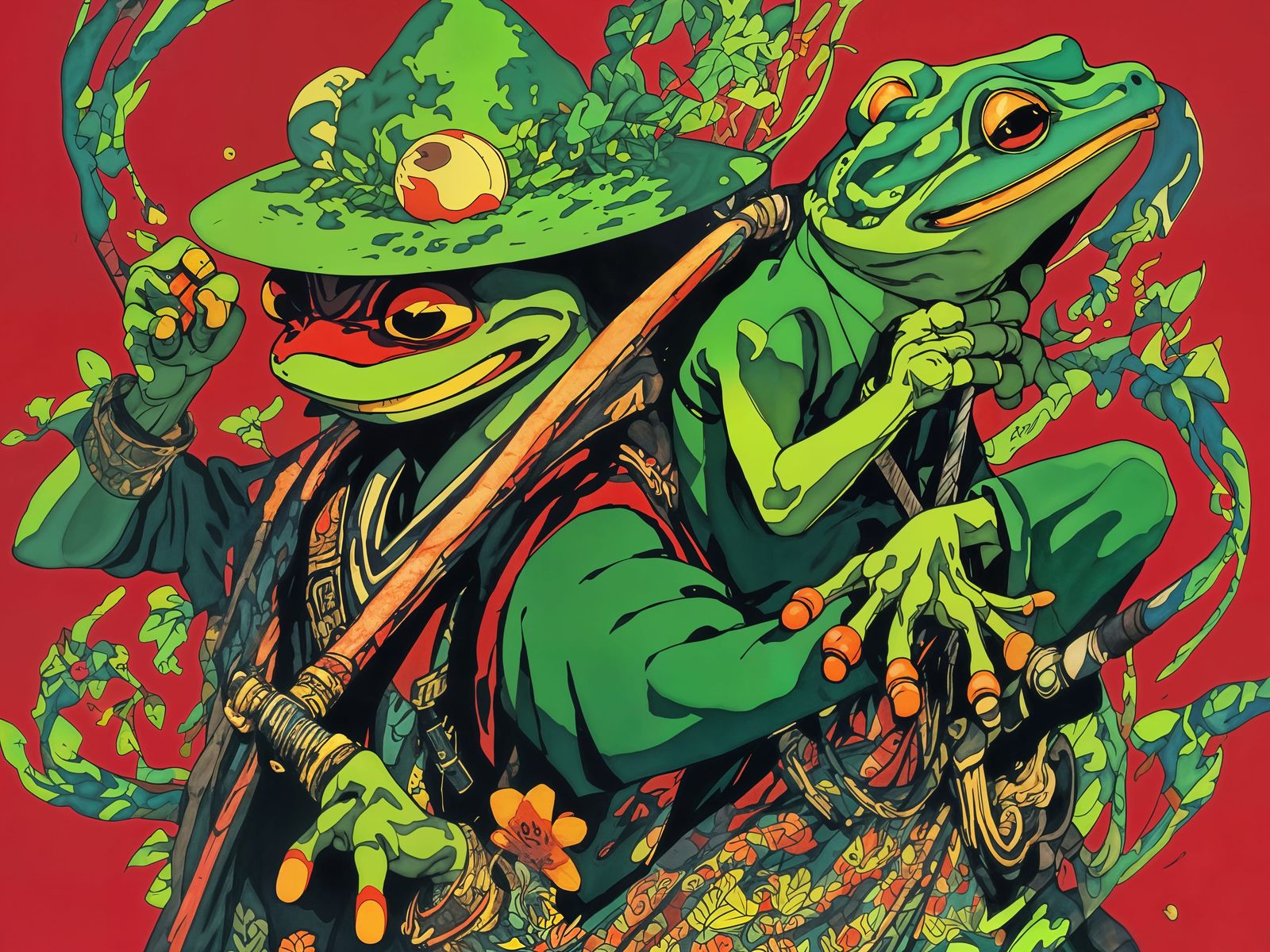 Surprised Yoga Frog in Japanese Fantasy Style