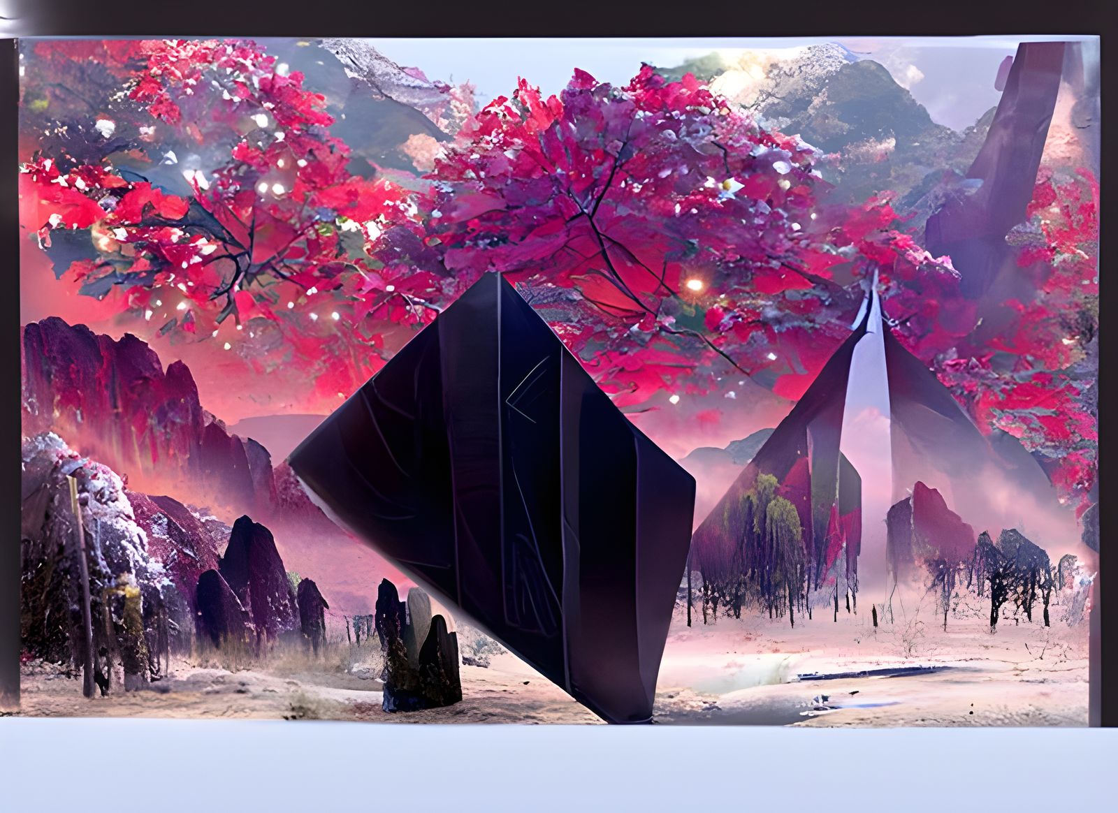 Magical Monolith in Red Forest: Sci-Fi Ukiyo-e