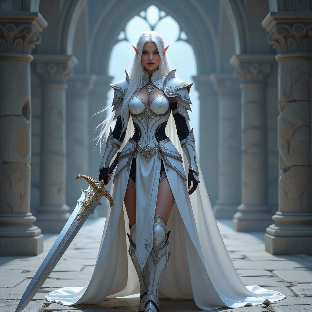 Elven Warrior in Ancient Hall: Fantasy Digital Painting