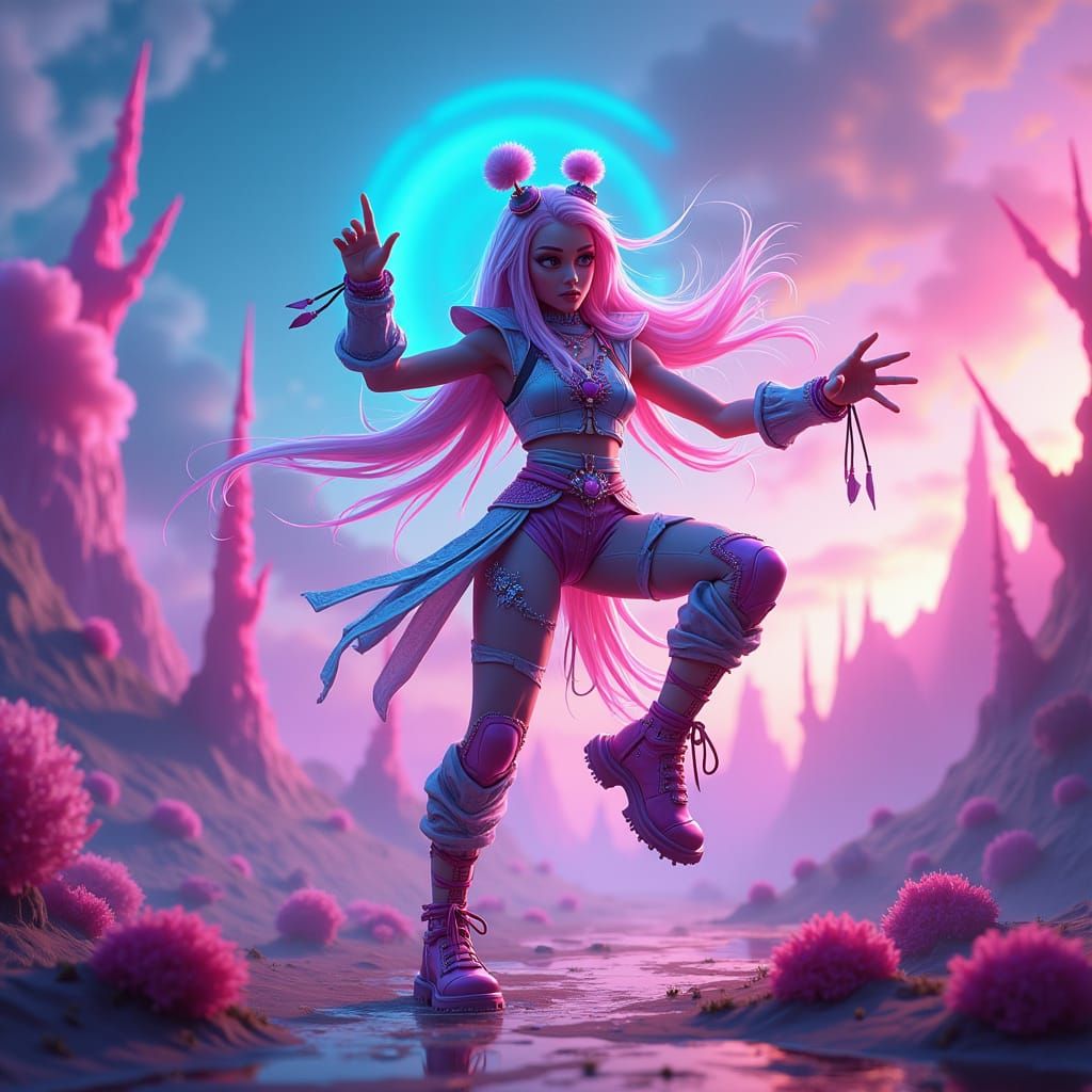 Skibidi Dancer in Fortnite Outfit, Neon Landscape