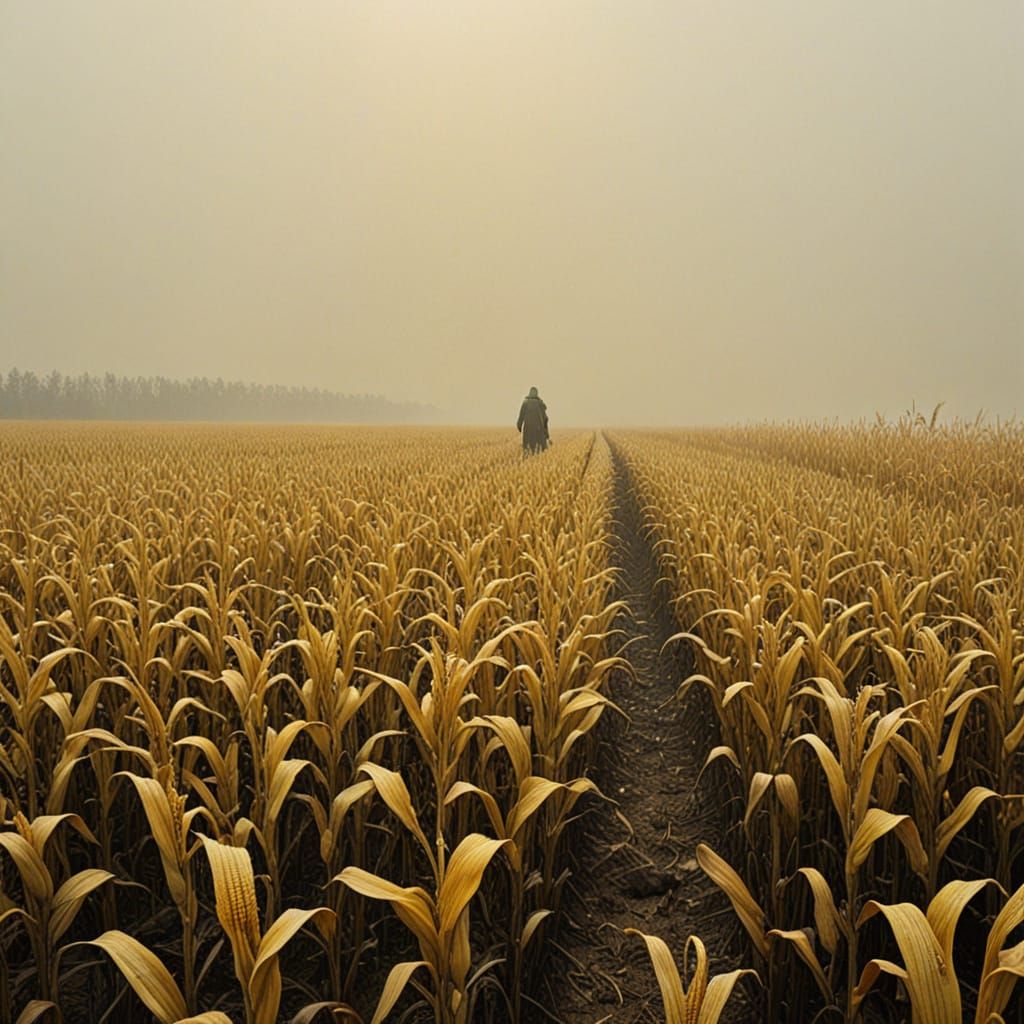 Surreal Horror Landscape of Clawing Hands in Yellow Corn Fie...