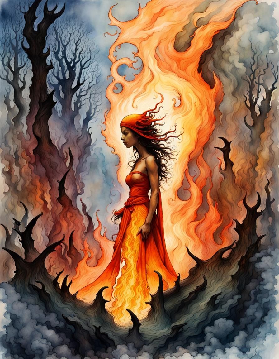 Lilith in Hellfire: A Vibrant Fantasy Watercolor