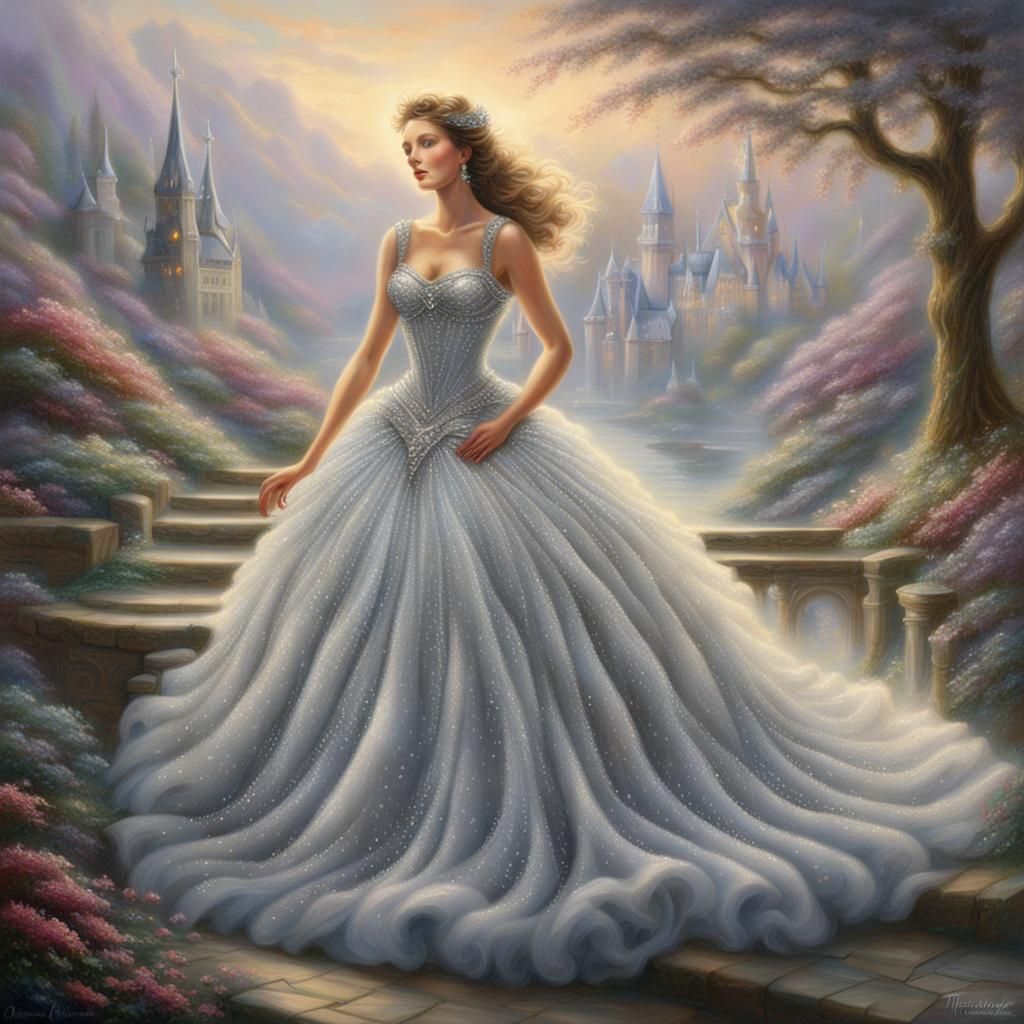 Woman in Puffy Silver Diamond Dress