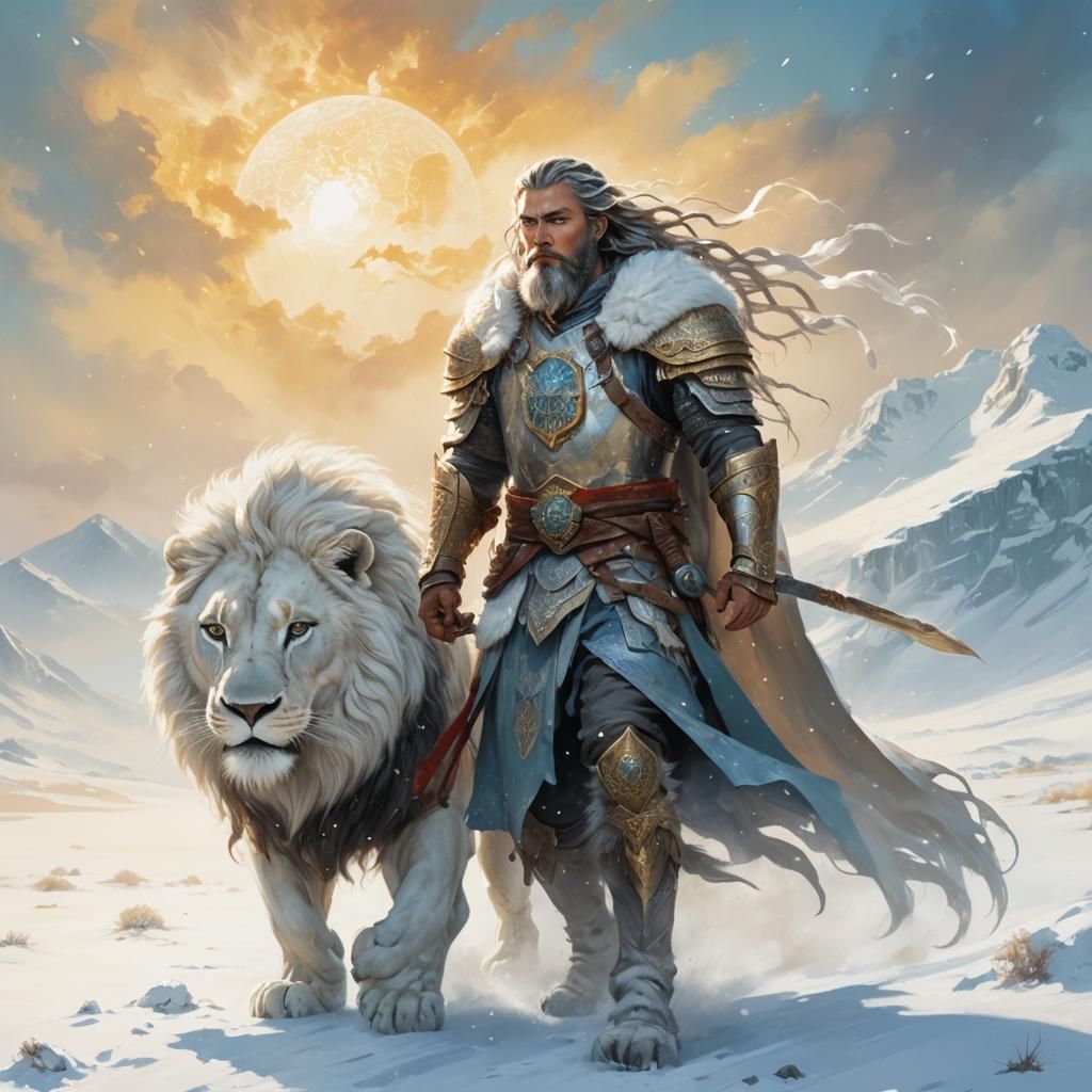 Warrior and Lion in Snowy Desert, Fantasy Illustration