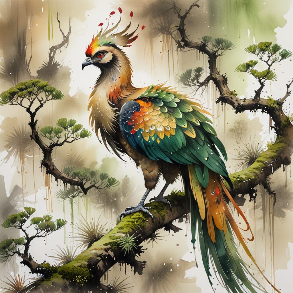 Rainbow Phoenix Portrait in Chinese Ink Wash