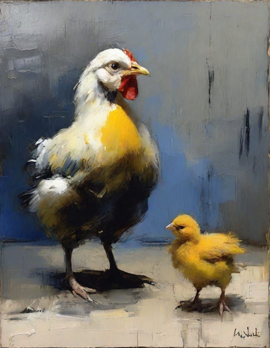 Impressionist Oil Painting of Grumpy Chickens