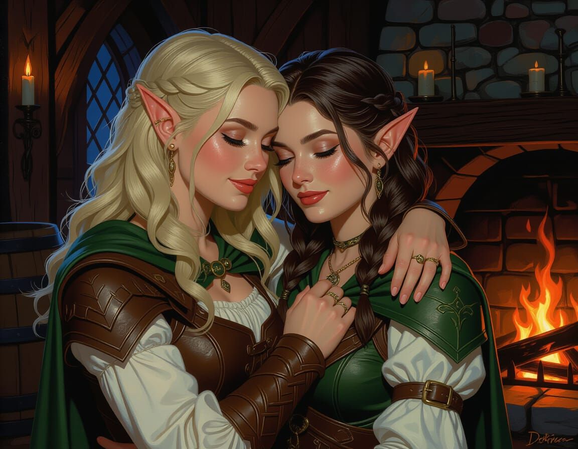 Two Elves Embrace Lovingly in a Romantic Inn