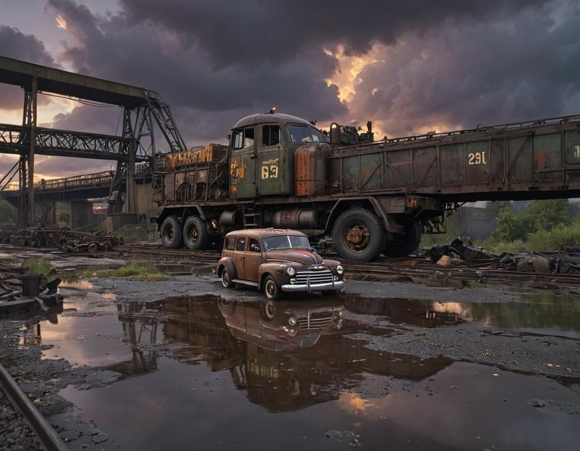 Dieselpunk Railway Bridge with Truck and Stormy Sunset
