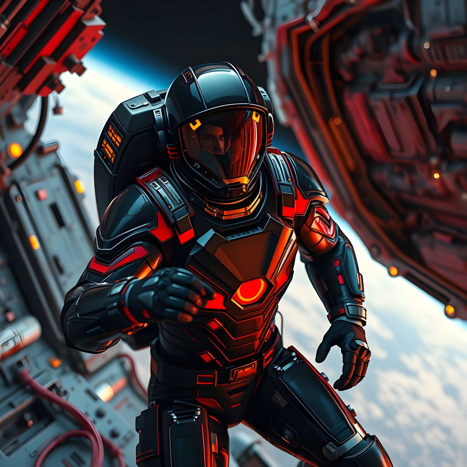 Astronaut in Dark Black Armor with Red Highlights and Bold C...