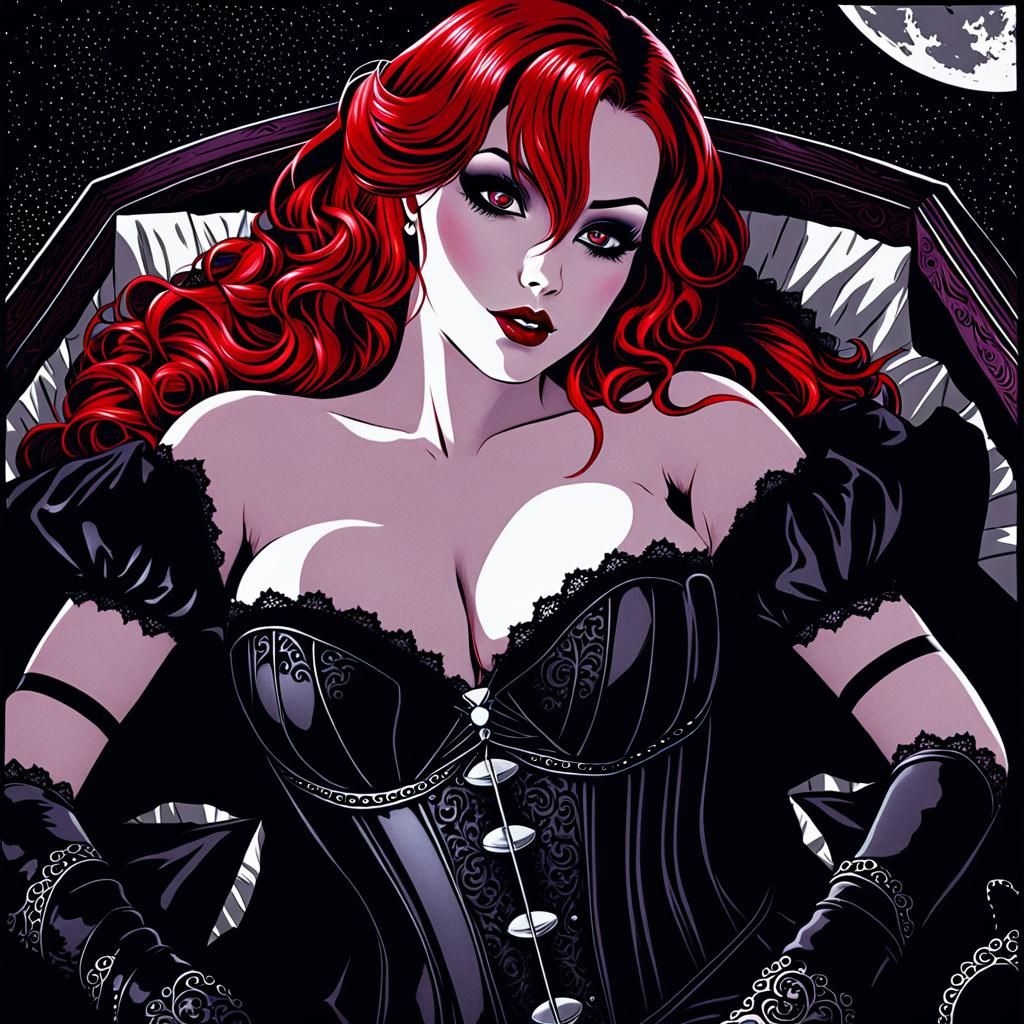 Redhead Vampire in Coffin: Gothic Dark Fantasy Art