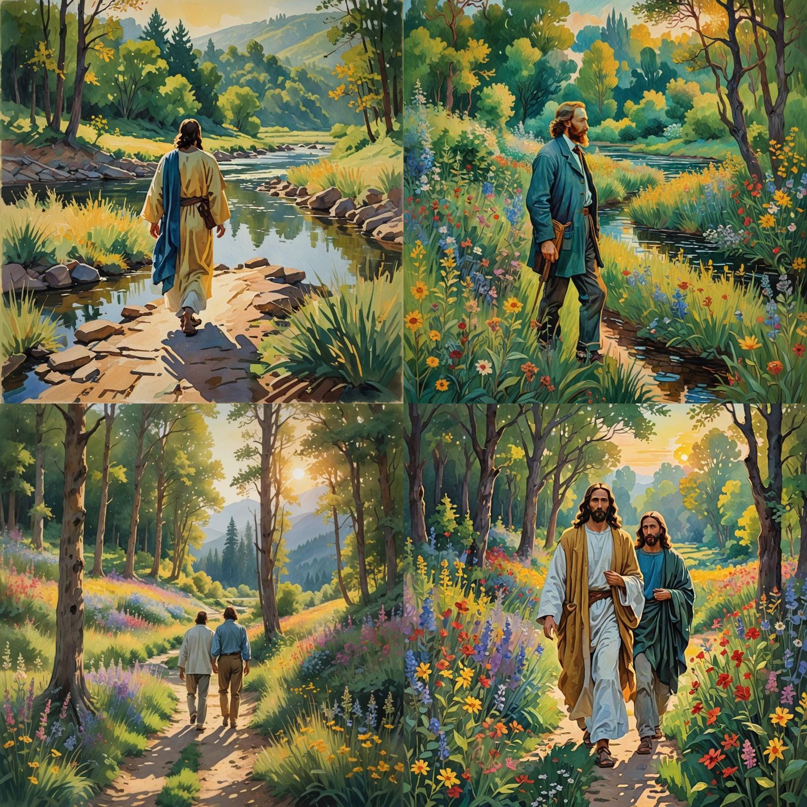 Man Walks with Christ in Lush Impressionist Landscape