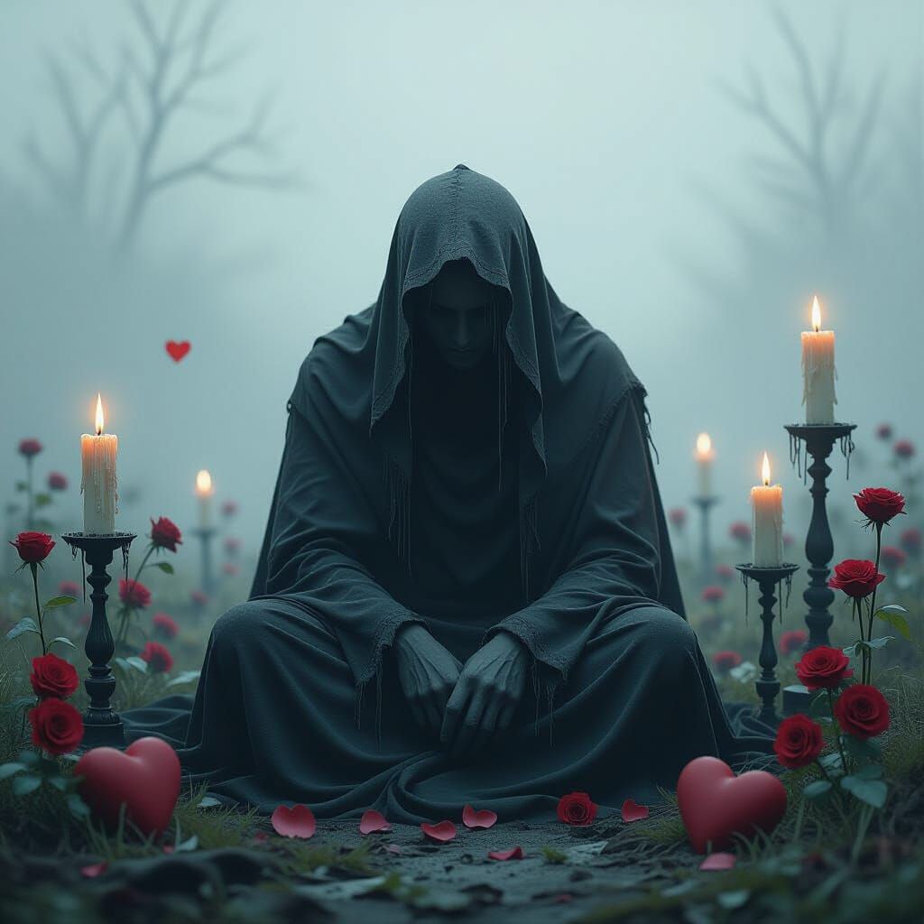 Melancholic Figure Amidst Fading Light and Broken Hearts