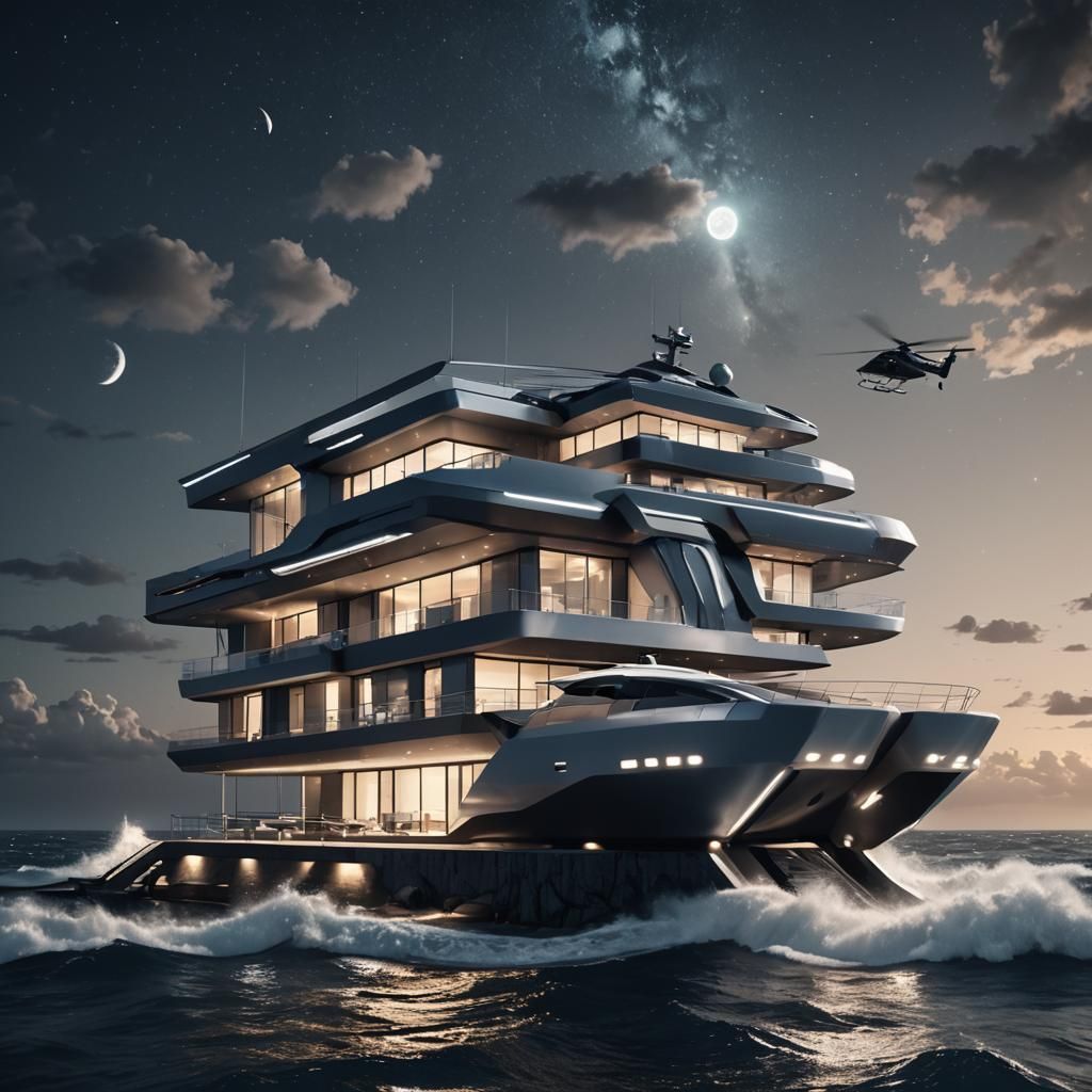 Futuristic Villa with Luxury Boat in Moonlight