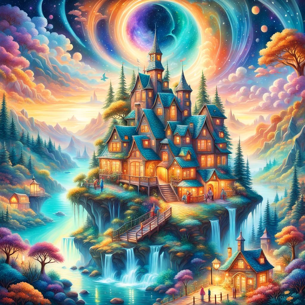 Ethereal Fairy Town in Holographic Astral Illustration