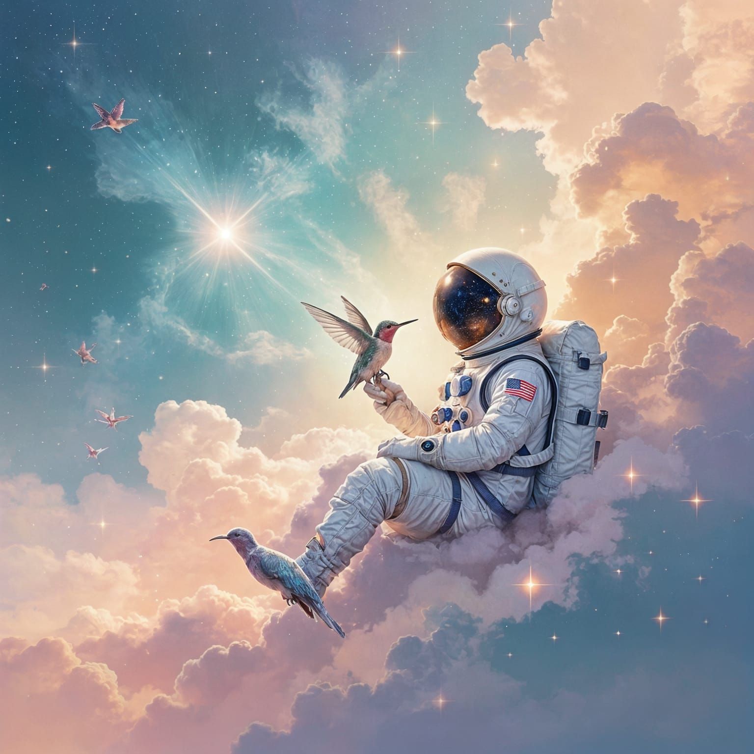 Astronaut Holds Glowing Hummingbird in Pastel Nebula