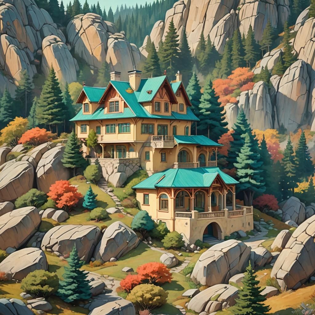Vintage House in Mountain Landscape, Fantasy Concept Art