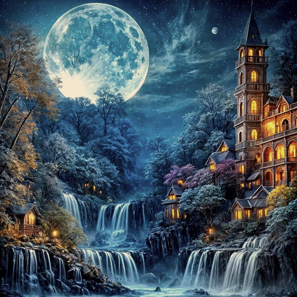 Moonlit Floating Island Home in Surrealist Fantasy Art