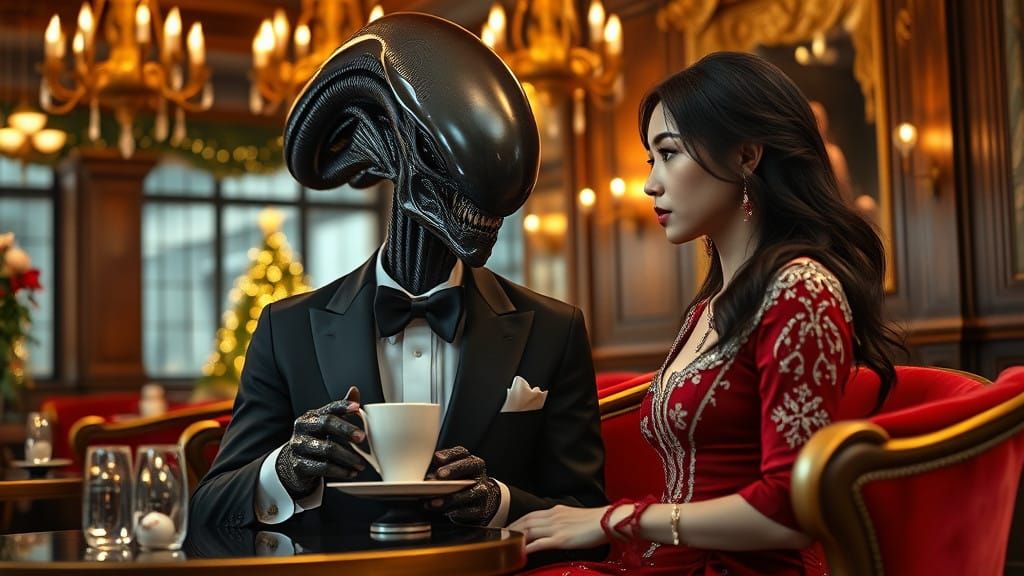Surreal Alien Sips Coffee in Elegant Tuxedo