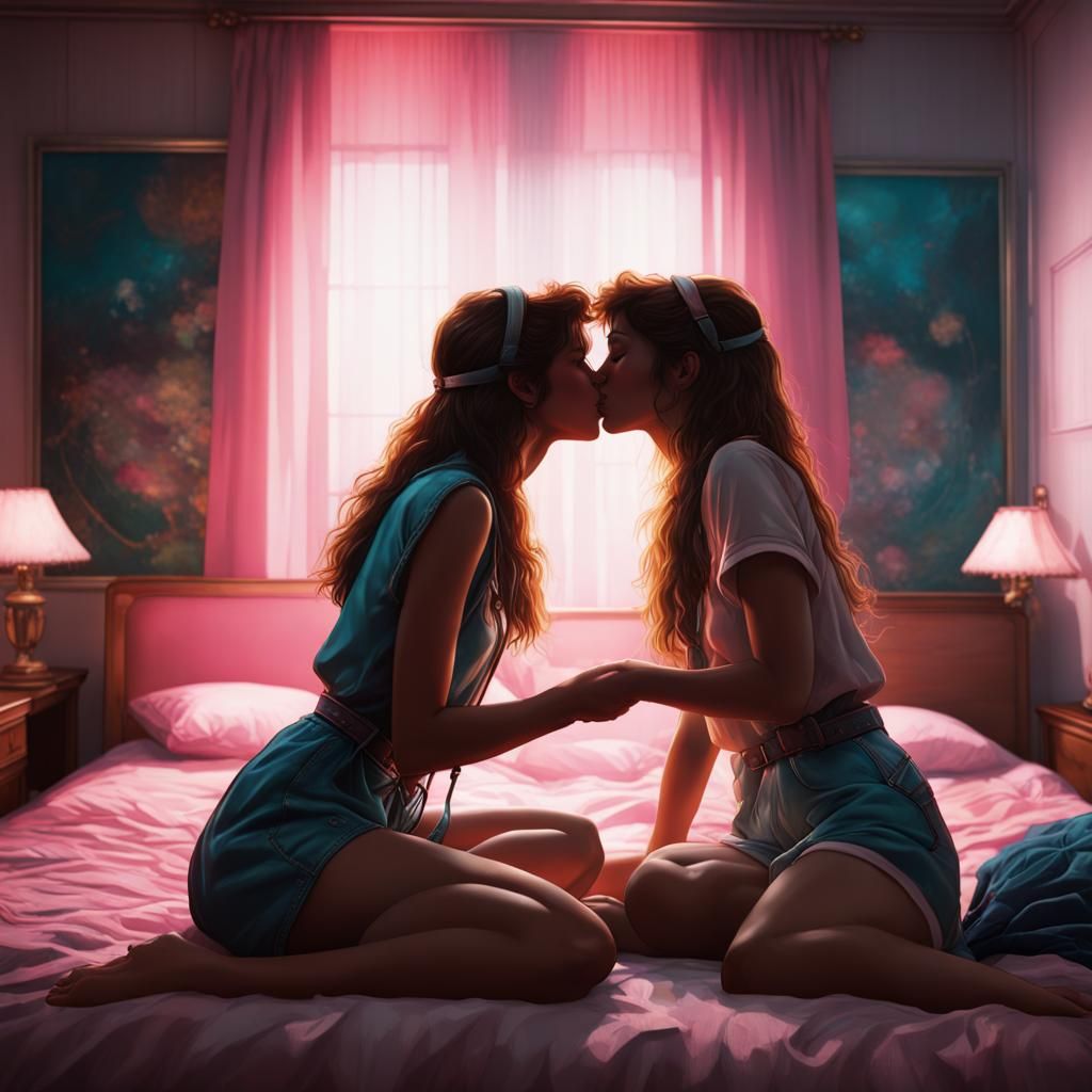 Girls Kissing at Sleepover in Art Nouveau Style