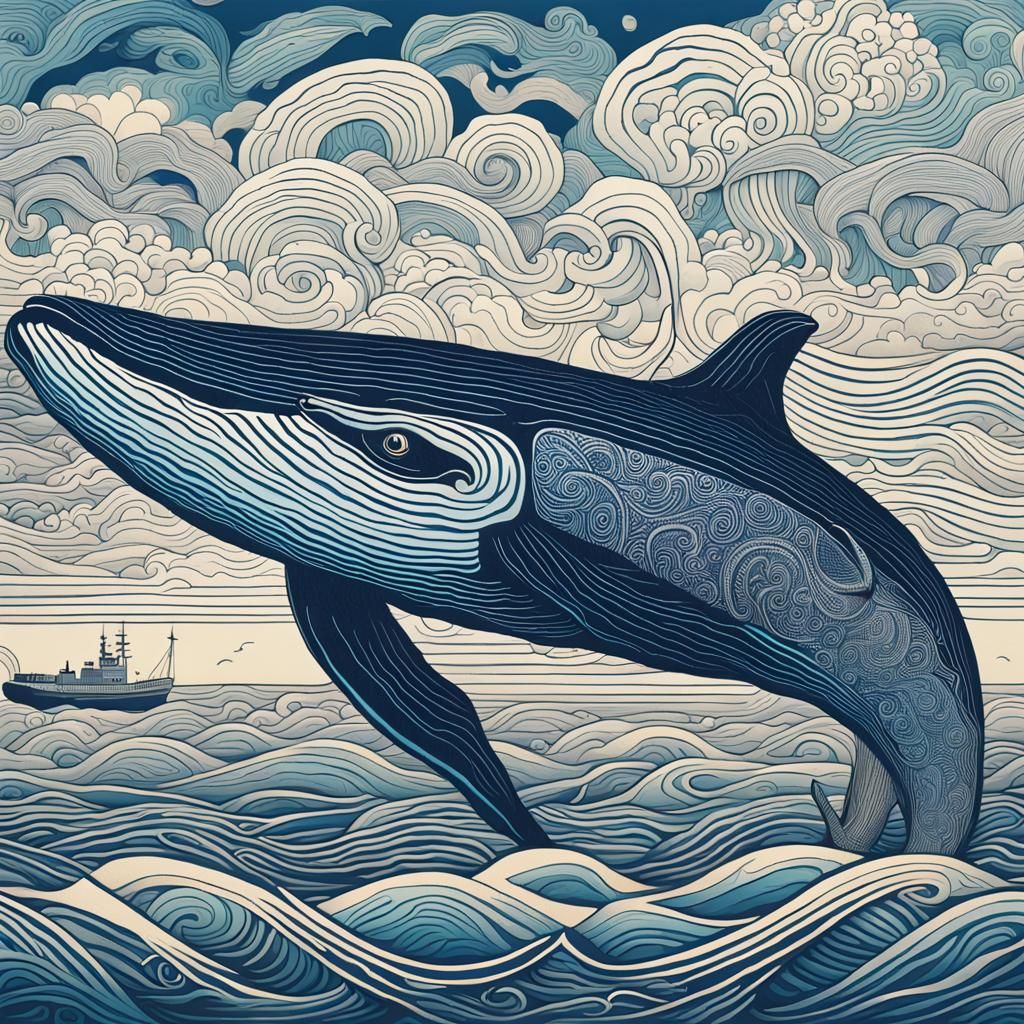 Blue Whale in the Sea: Illusory Woodcut Portrait