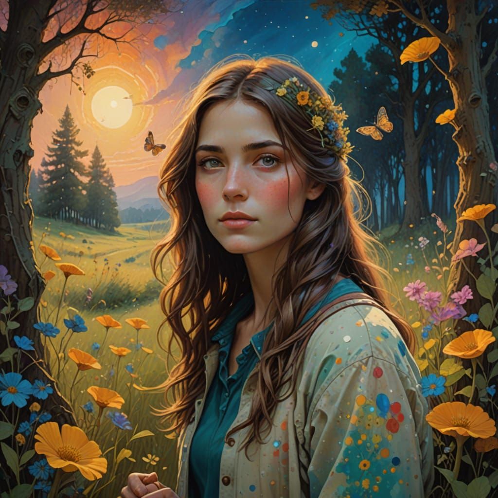 Whimsical Artist's Portrait in a Lush Meadow