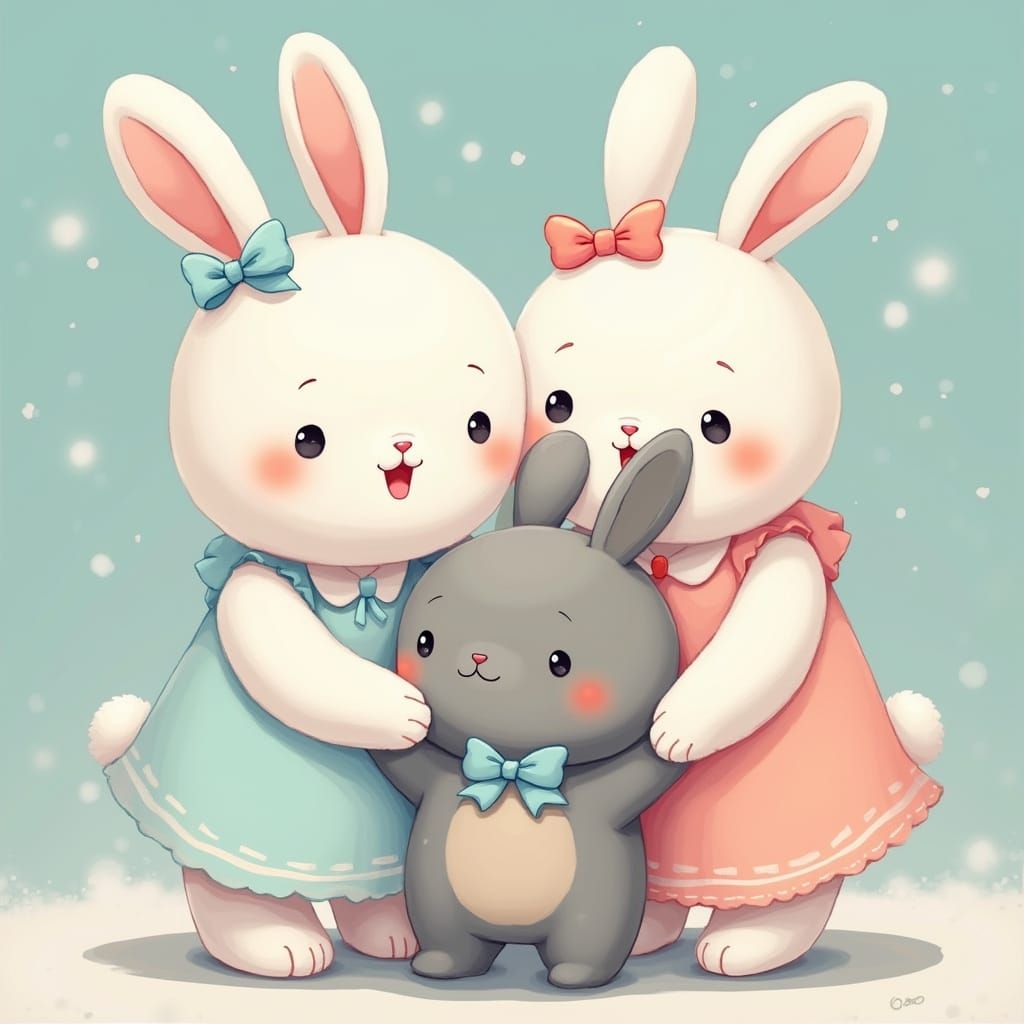 Pastel Bunny Girls Hugging Plush Toys in Manga Style