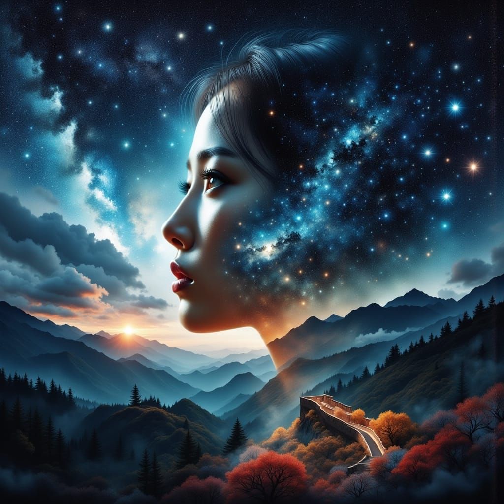 Scientist's Cosmic Journey: Double Exposure Fusion