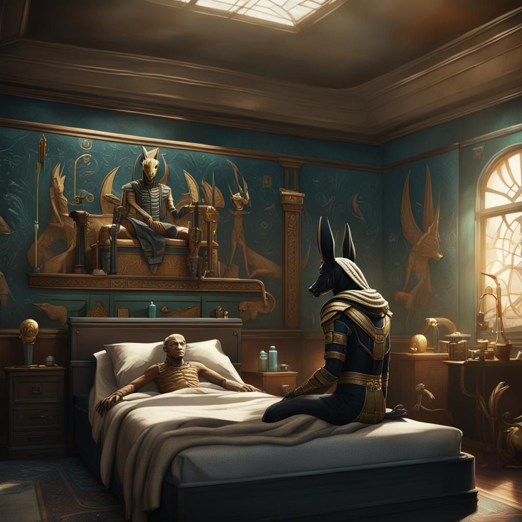 Anubis in Hospital Room: Detailed Matte Painting