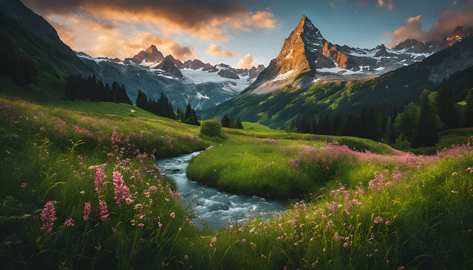 Switzerland Mountain Meadow River Landscape in HD