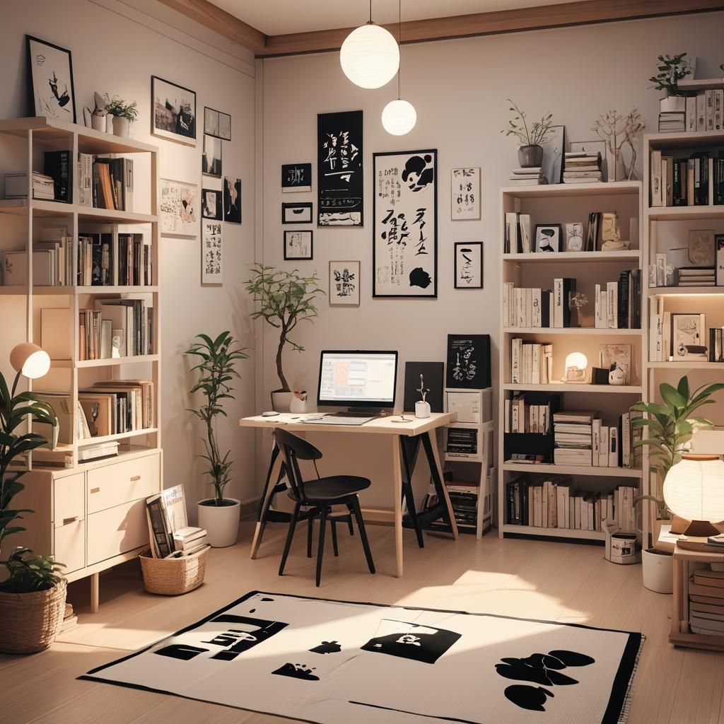 Anime-Inspired Room Interior in Black and White