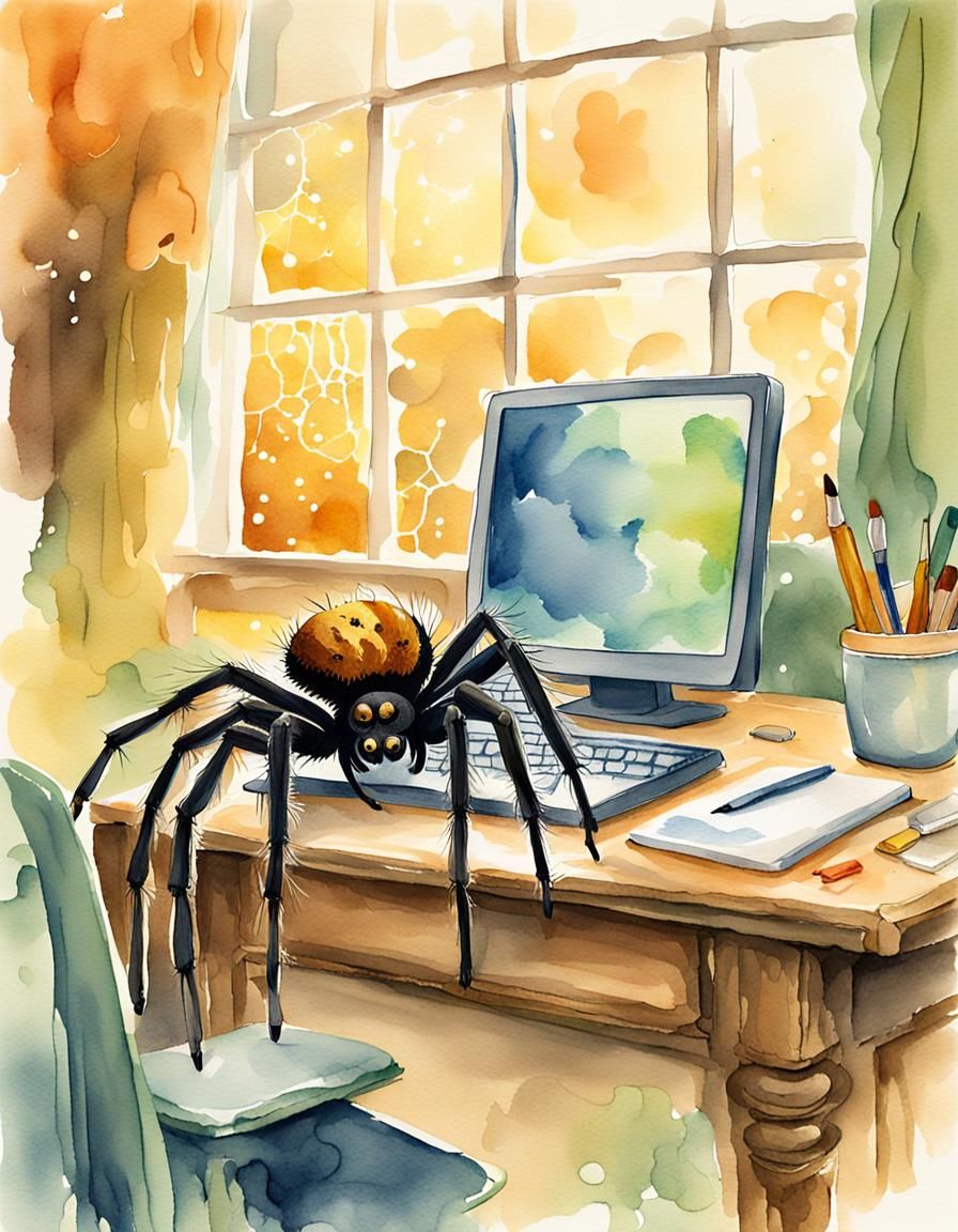Spider at Computer: Storybook Watercolor Illustration