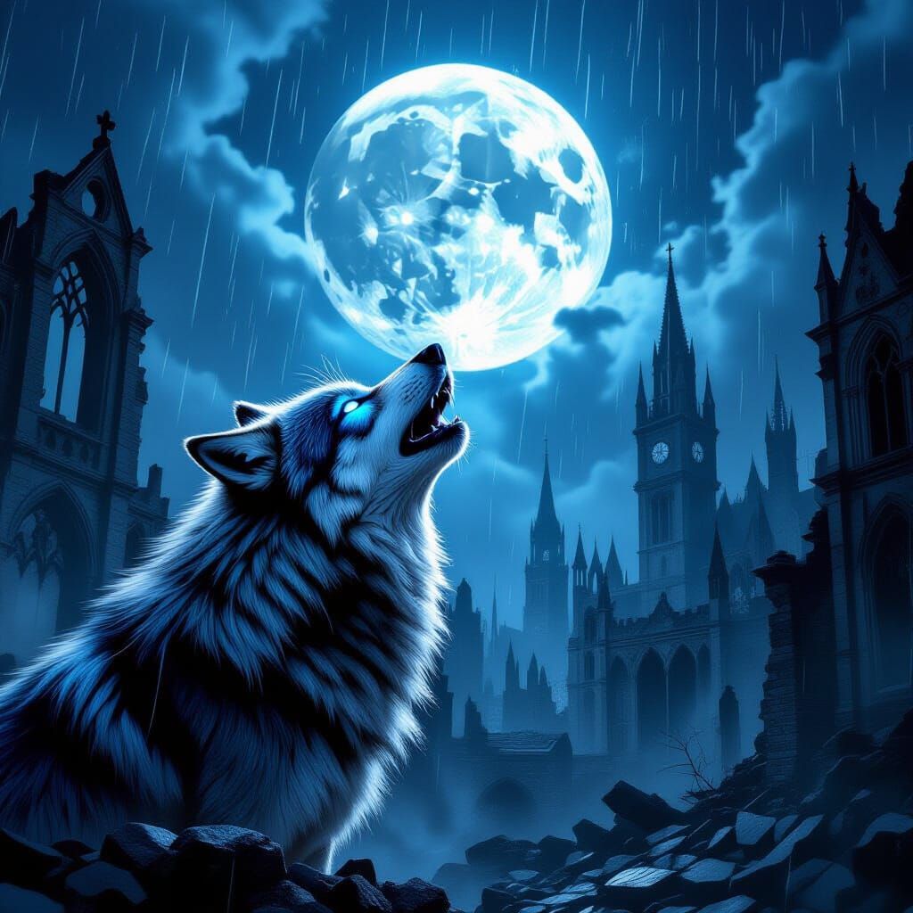 Realistic Wolf Howls at Shattered Moon Over Ruined Gothic Ci...