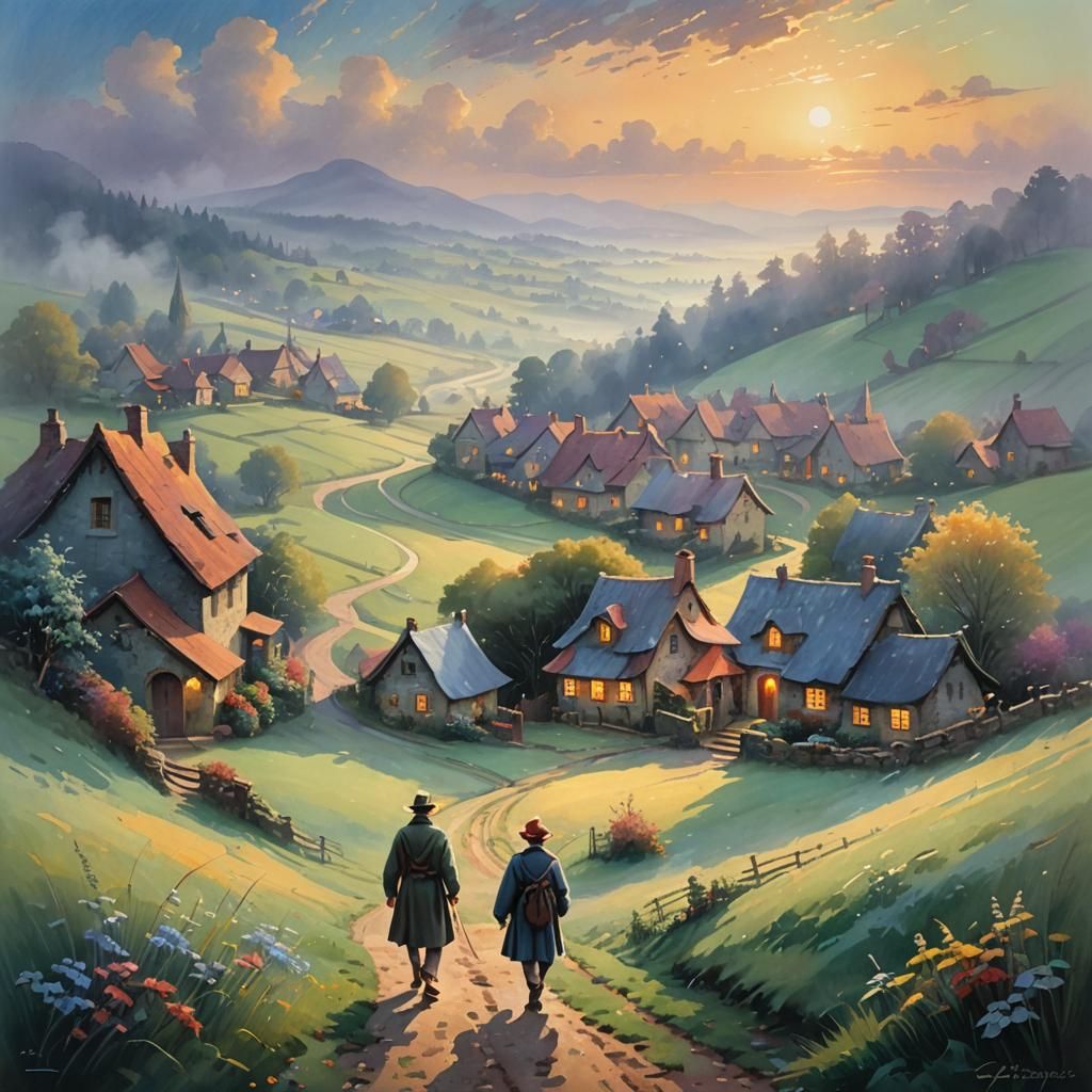 Ethereal Gouache Painting of Misty Village at Dawn