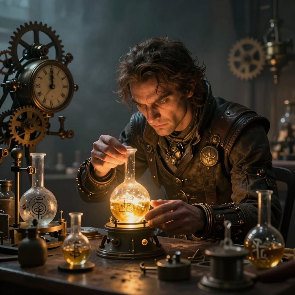 Steampunk Alchemist Creates Shimmering Elixir in Workshop